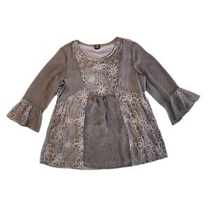 Calstyle Womens Sheer Top Size XL Bell Sleeve Floral Embroidered Gray Tunic Boho